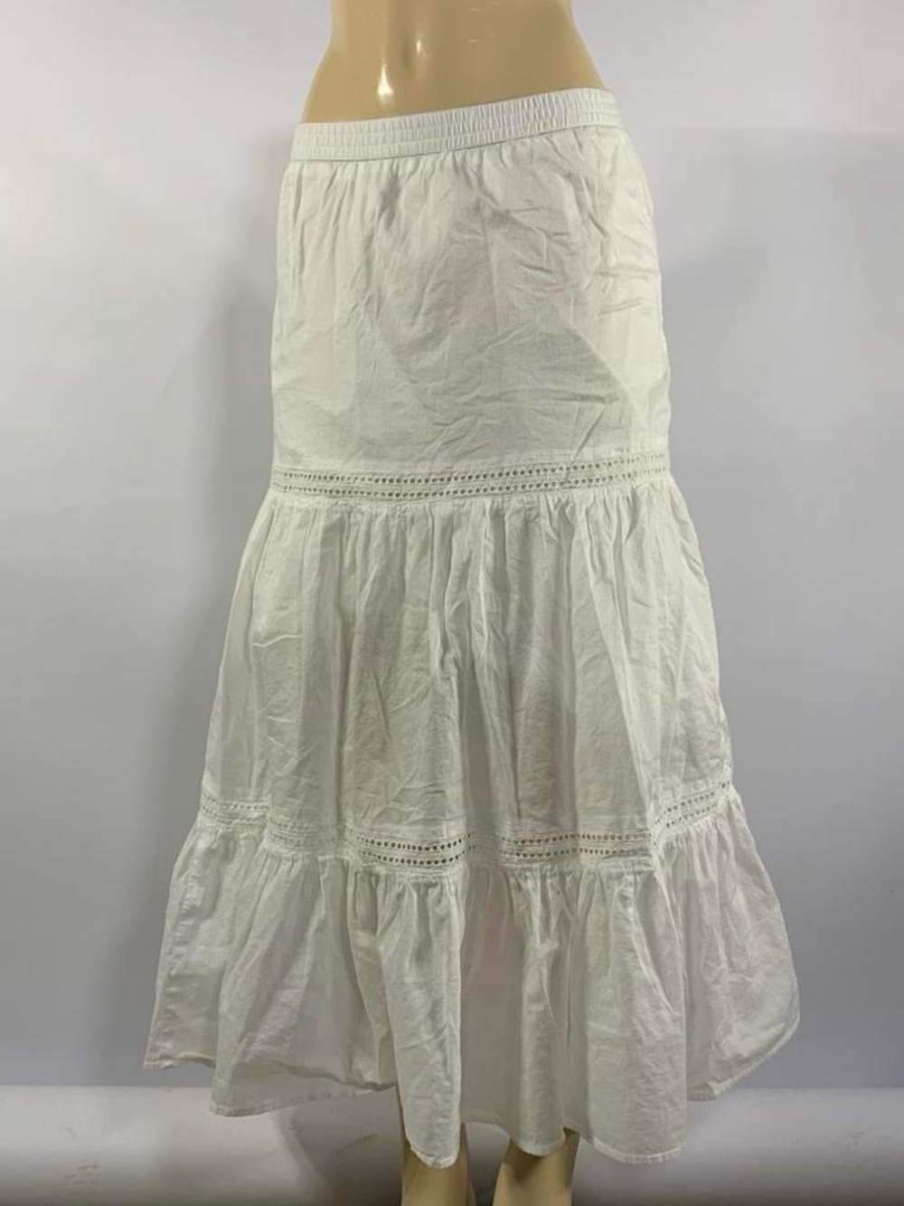 Deadstock 2009 Old Navy White Cotton Tiered Eyelet Skirt Elastic Waist S